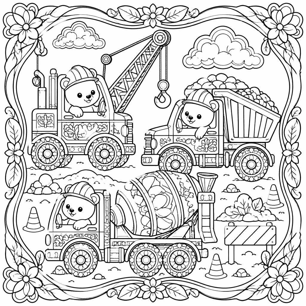 Black-and-white coloring page with cute bear kids around construction trucks in intricate art nouveau line art.
