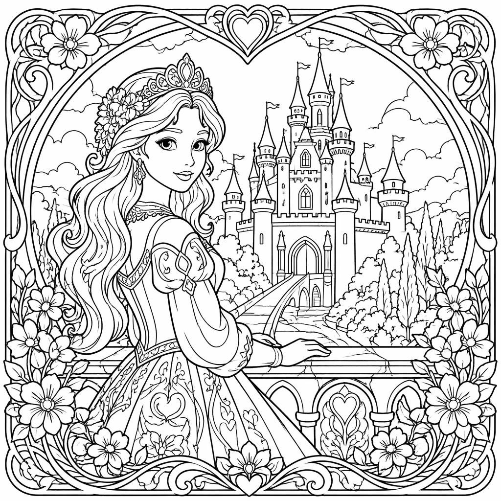 Black-and-white line art coloring page of a fairy tale princess castle for kids in a detailed art nouveau style.