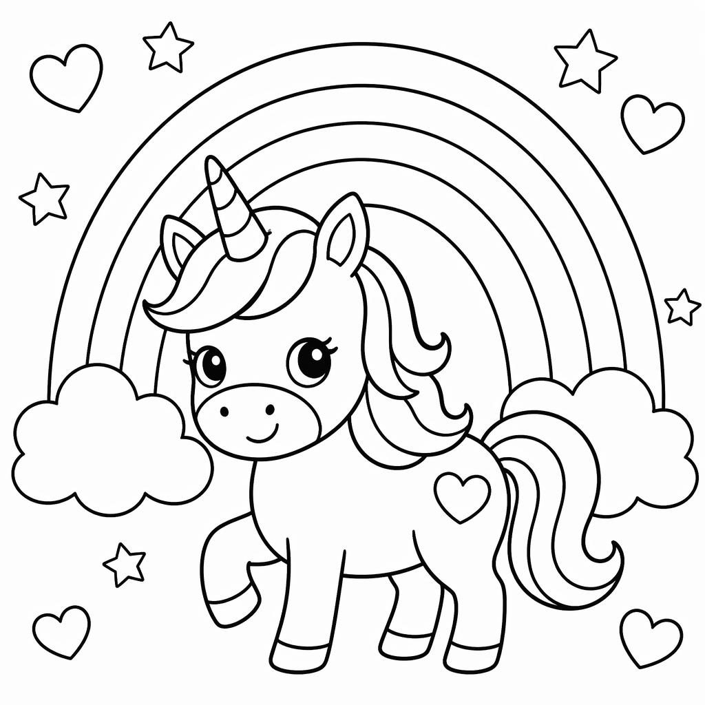 Illustration noir et blanc d’une licorne mignonne avec un arc-en-ciel, en contours simples à colorier.