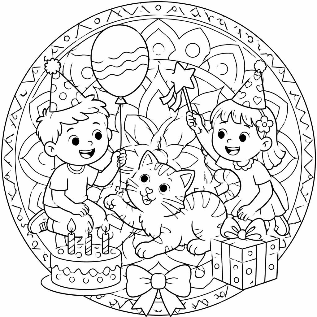 Schwarz-weiße Ausmalbild-Illustration mit Katze und spielenden Kindern im mandalaartigen Linienstil.