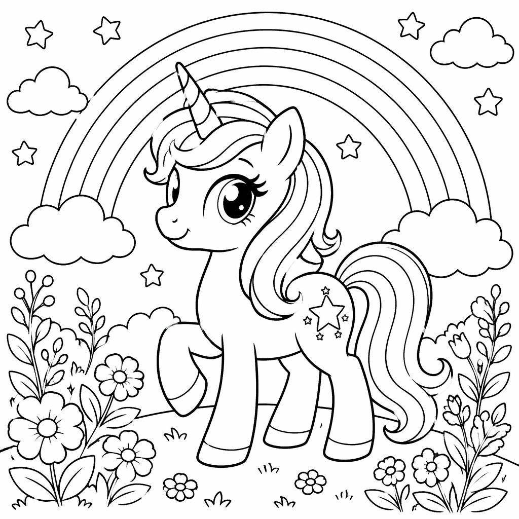 Schwarz-weiße Ausmalbild-Illustration eines einfachen Einhorns für Kinder mit Regenbogen in sauberer Linienzeichnung.