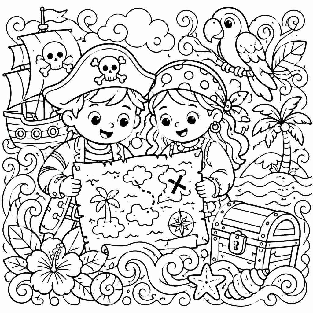 Schwarz-weiße Ausmalbild-Illustration mit Kindern als Piraten und Schatzkarte im klaren Line-Art-Stil.