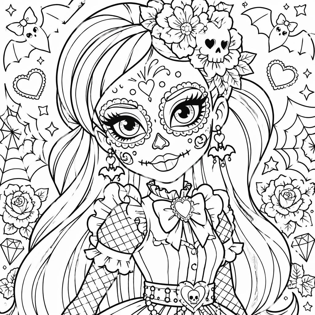 Black-and-white sugar skull coloring page with intricate zentangle-style patterns and clean bold outlines on white.