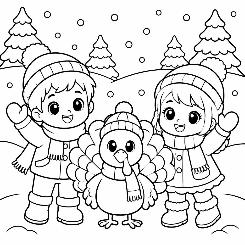 Black-and-white coloring page of a cute Thanksgiving turkey for kids, drawn with chunky manga-inspired outlines.