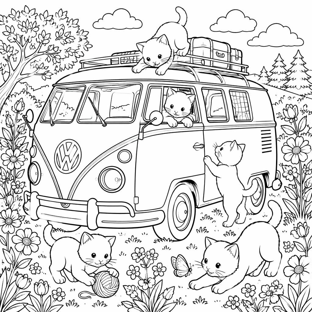 Schwarz-weiße Ausmalbild-Illustration mit spielender Katze und Kindern im detailreichen botanischen Line-Art-Stil.