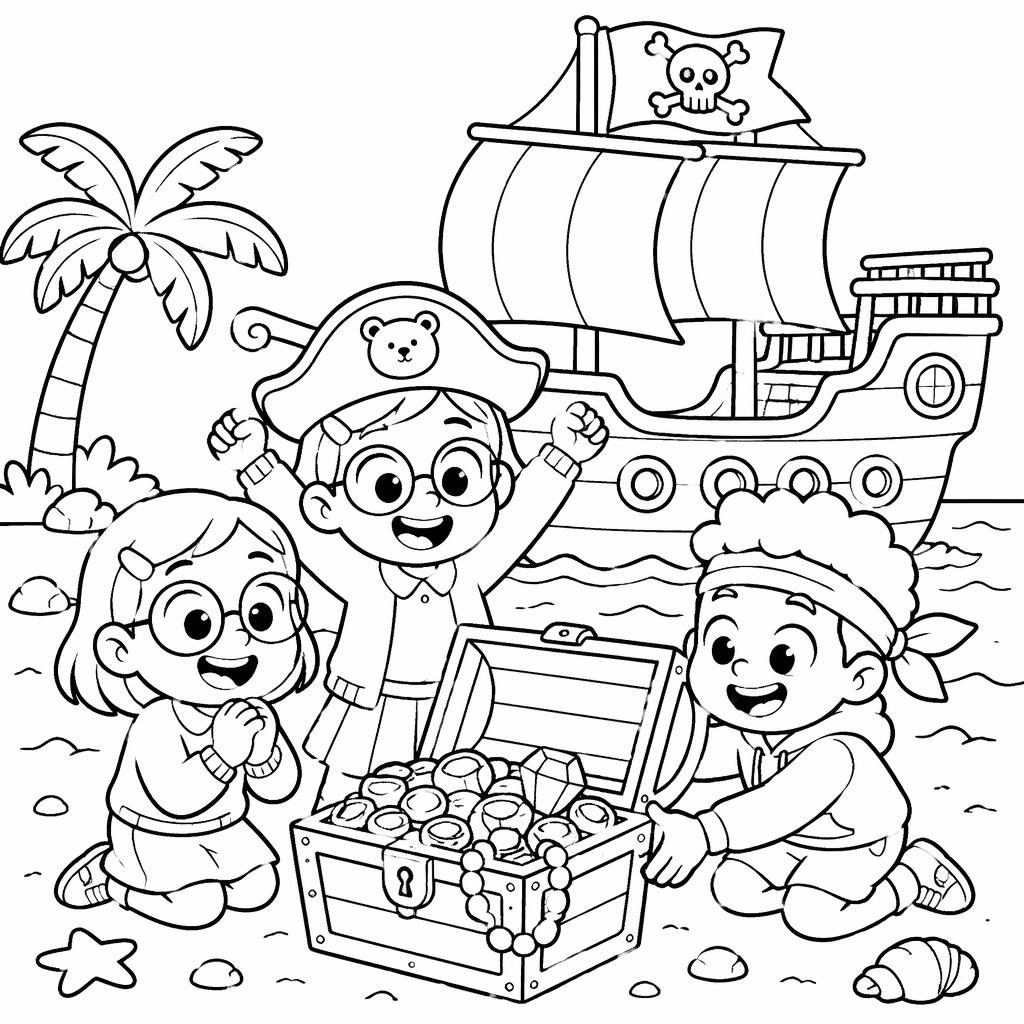 Black-and-white coloring page with a pirate ship, treasure chest, and kid-friendly pirate-themed scene in simple bold lines.