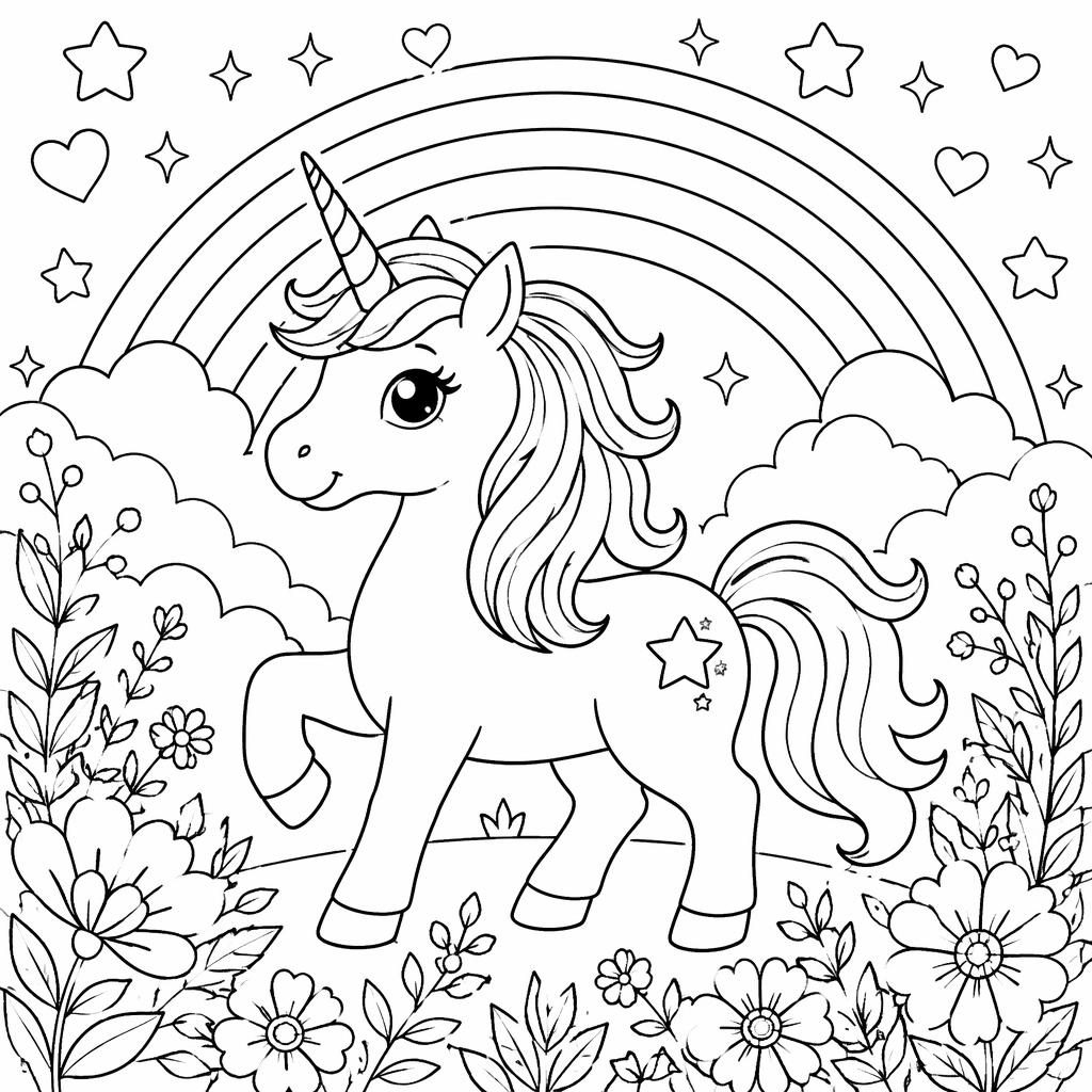 Schwarz-weiße Ausmalseite mit einfachem Einhorn vor einem Regenbogen, botanischen Details und klaren Konturen.