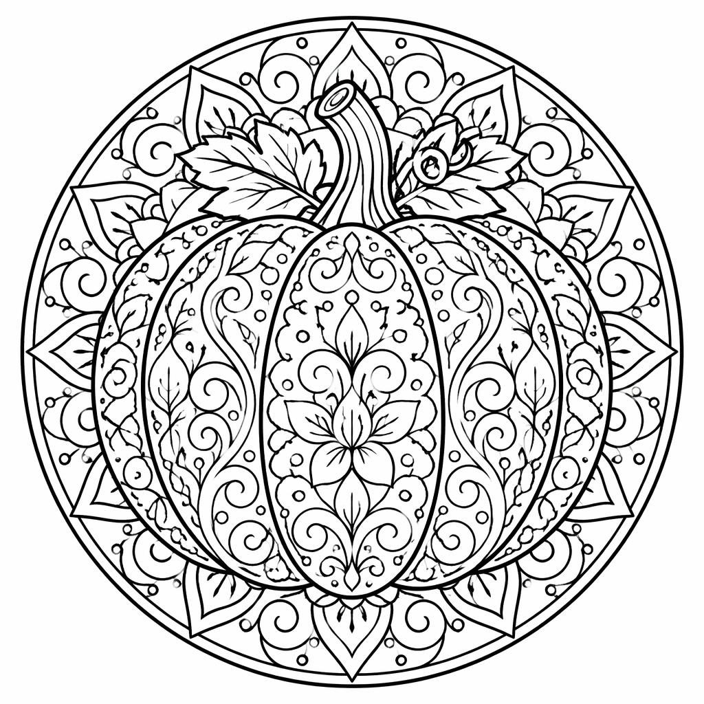 Black-and-white mandala-style pumpkin coloring page with chunky outlines, closed shapes, and clean printable line art.