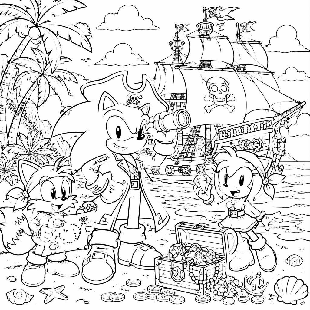 Illustration noir et blanc d’un bateau pirate avec enfants et trésor, style manga détaillé, en contours nets à colorier.