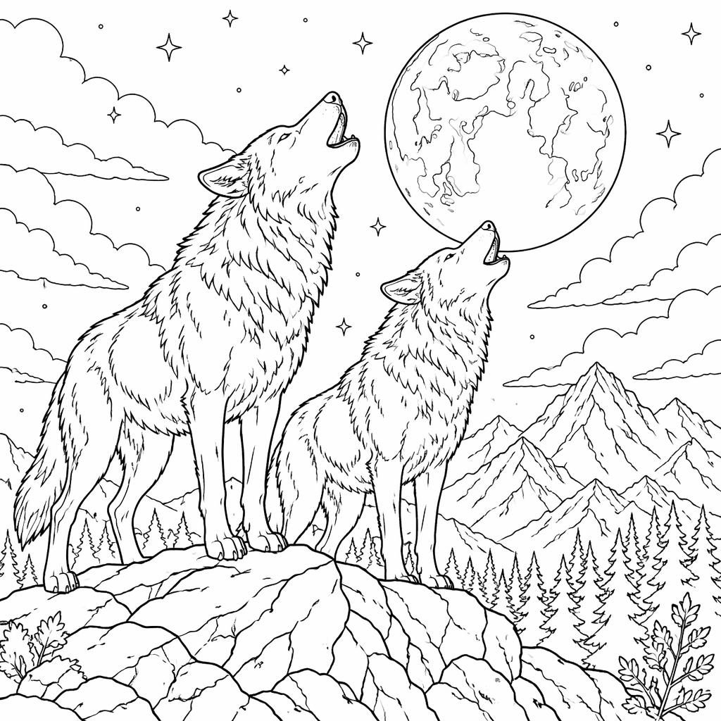 Illustration en noir et blanc de loups adultes hurlant à la lune, en contours nets sur fond blanc.