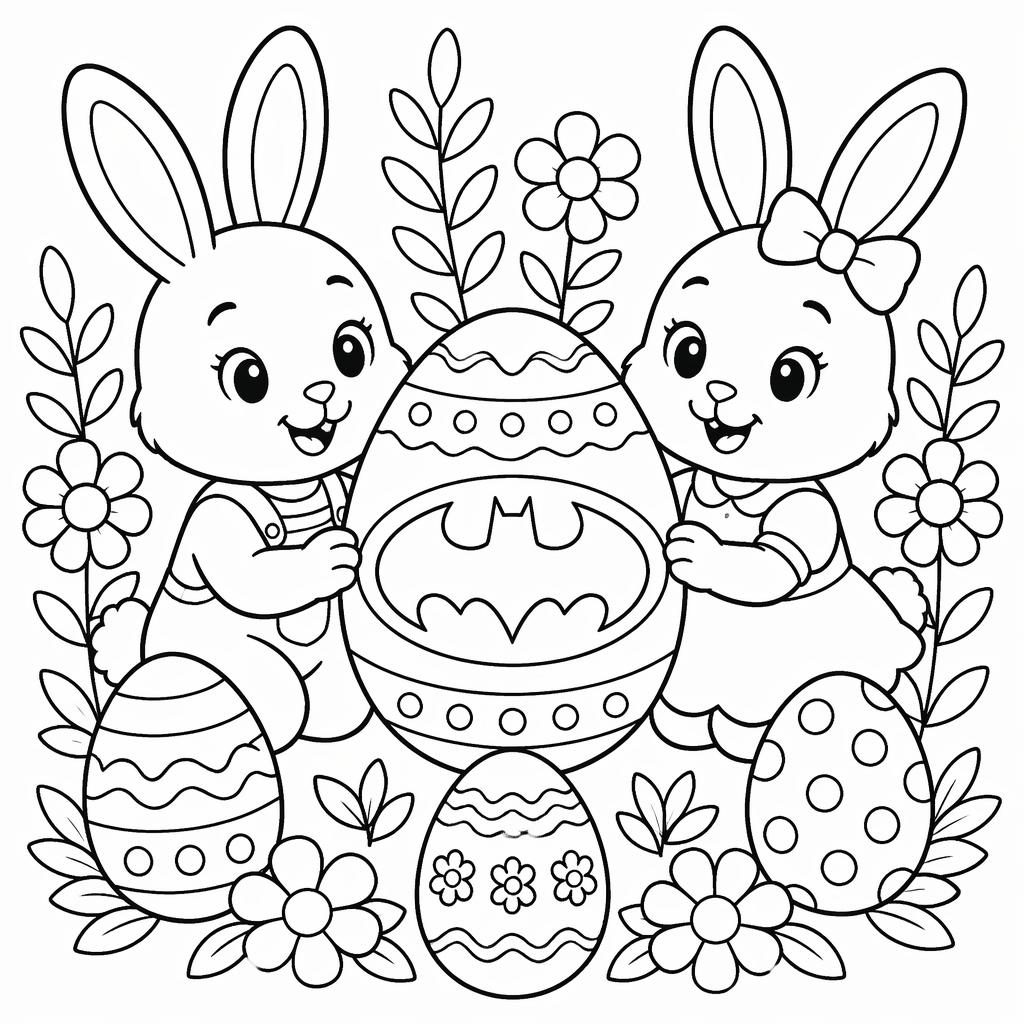 Schwarz-weiße Ausmalbild-Illustration mit Osterhasen-Kindern und Ostereiern im botanischen Line-Art-Stil.