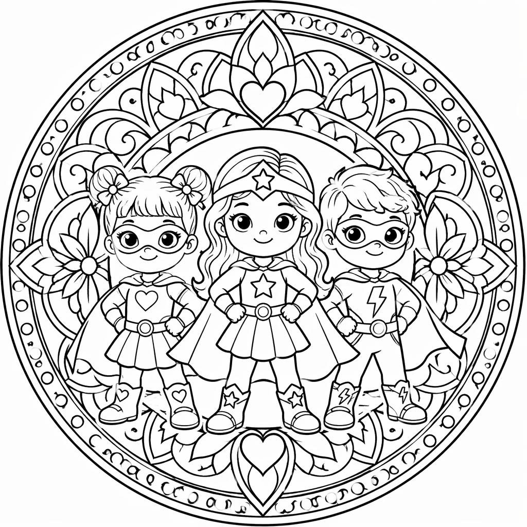 Ilustración para colorear en blanco y negro de niñas superhéroes estilo caricatura con líneas gruesas y detalles tipo mandala.