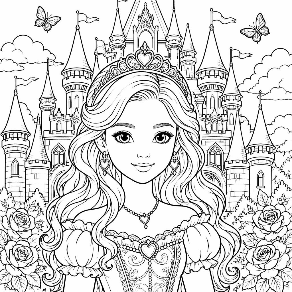 Schwarz-weiße Ausmalseite mit Prinzessin, Märchenschloss und kindgerechten Details als klare Line-Art.