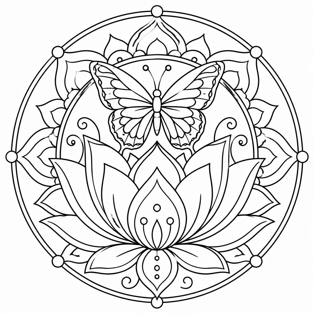 Black-and-white coloring page with a simple mandala lotus line art design on a white background.