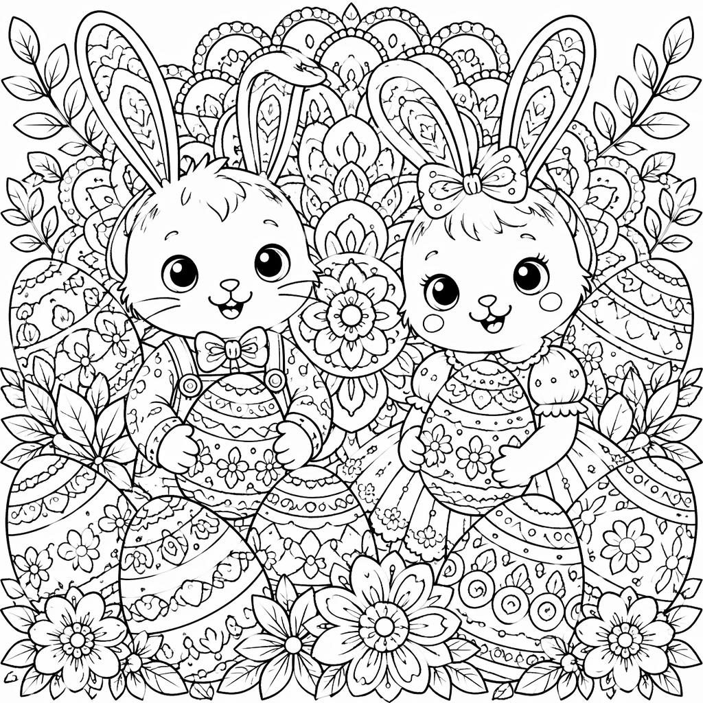 Schwarz-weiße Ausmalseite mit Osterhasen-Kindern, Ostereiern und filigranen Mandala-Mustern als Line-Art