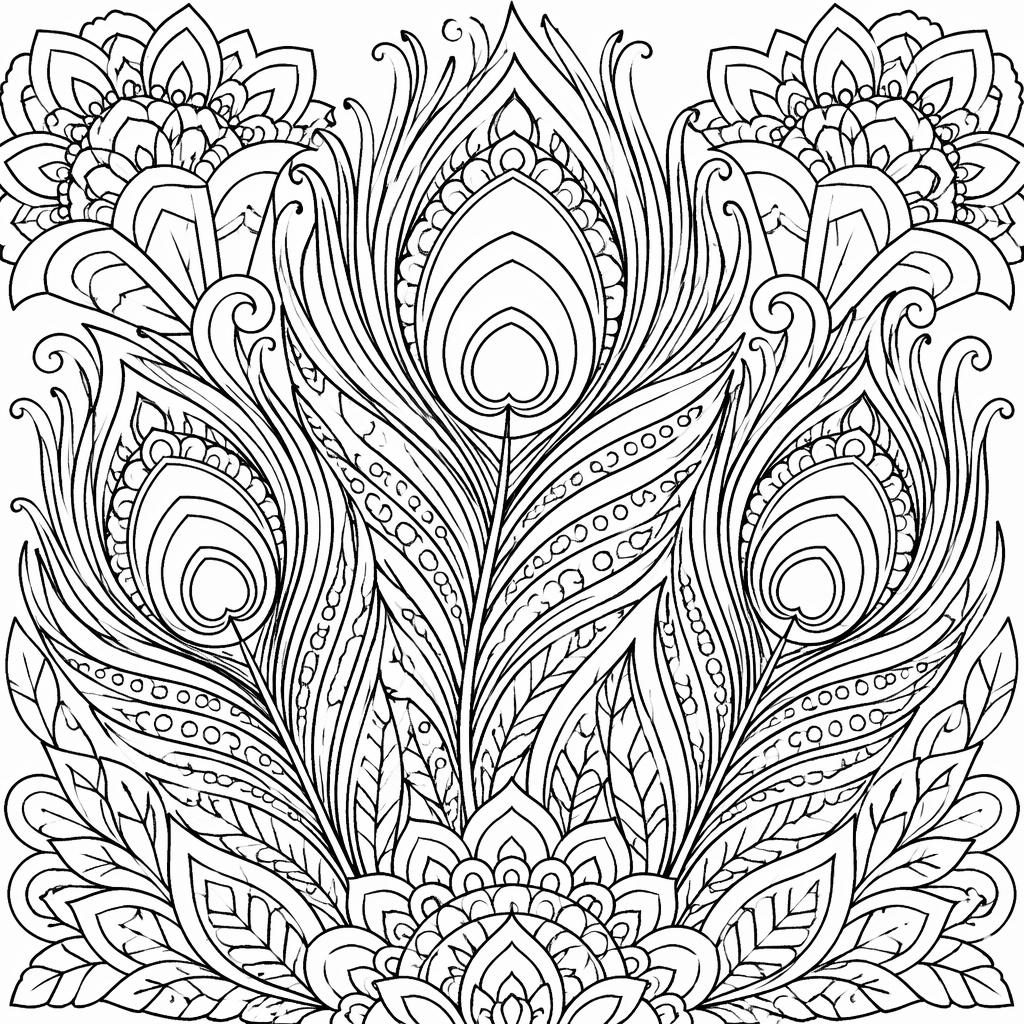 Black-and-white coloring page with detailed peacock feathers in an intricate mandala line-art style.