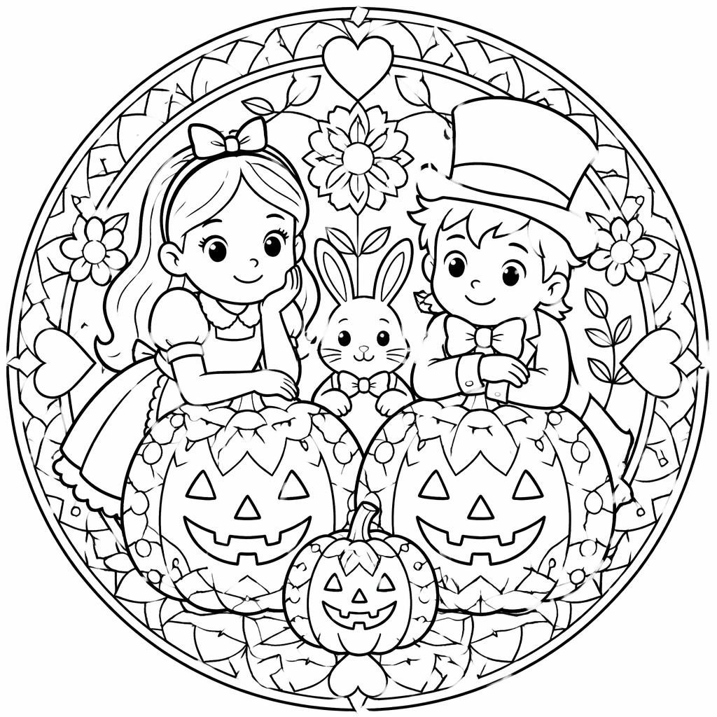 Schwarz-weiße Ausmalseite mit Kindern und Halloween-Kürbis im einfachen Mandala-Linienstil, freundlich und kindgerecht.