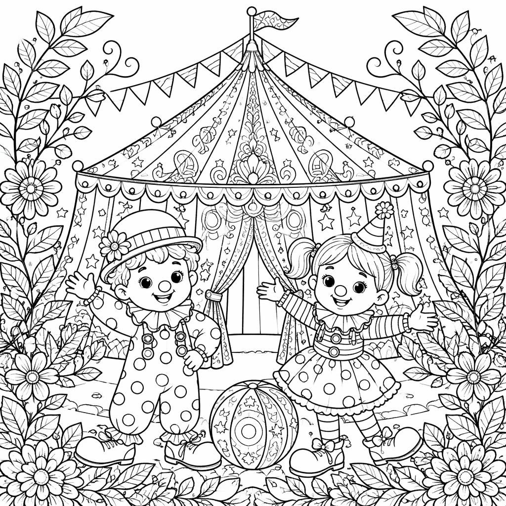 Illustration à colorier en noir et blanc avec chapiteau de cirque, clowns enfants et détails botaniques
