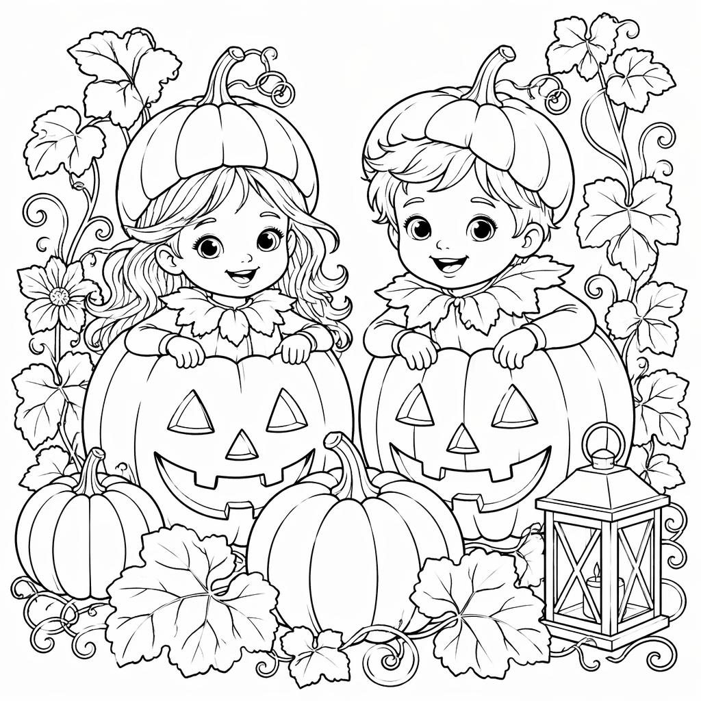Illustration noir et blanc à colorier de citrouilles d’Halloween pour enfants, style botanique détaillé, contours nets