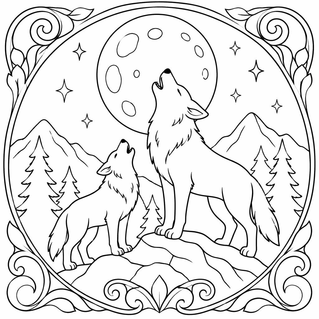 Illustration noir et blanc de loups hurlant à la lune, style art nouveau, contours simples sur fond blanc.
