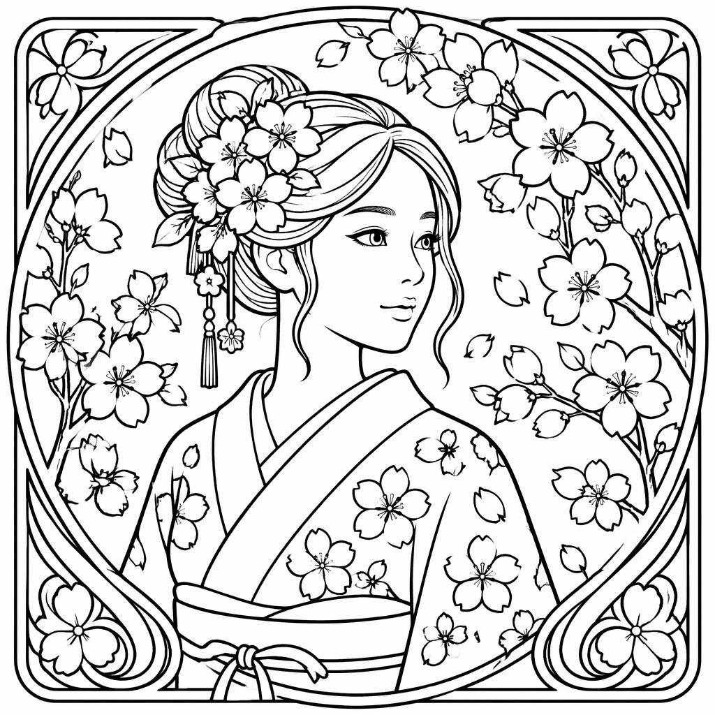 Ilustración en blanco y negro de un asno adulto con flores de cerezo japonesas, líneas gruesas y estilo art nouveau.