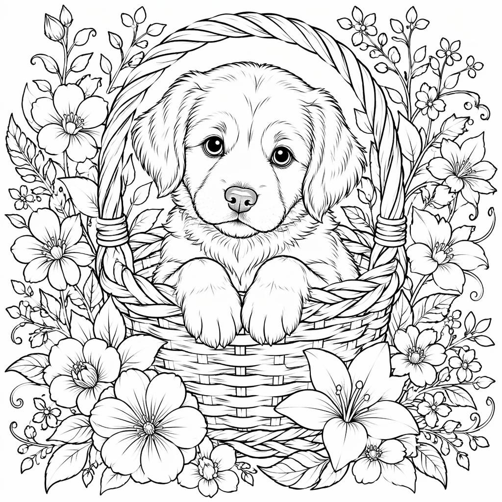 Schwarz-weiße Ausmalbild-Illustration eines detailreichen Welpen in einem Korb, kinderfreundlich und sauber gezeichnet.