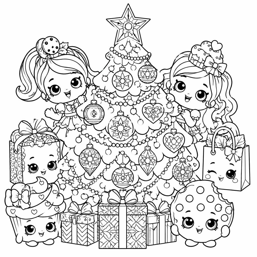 Black-and-white coloring page of kids by a Christmas tree with presents in a detailed mandala line-art style.