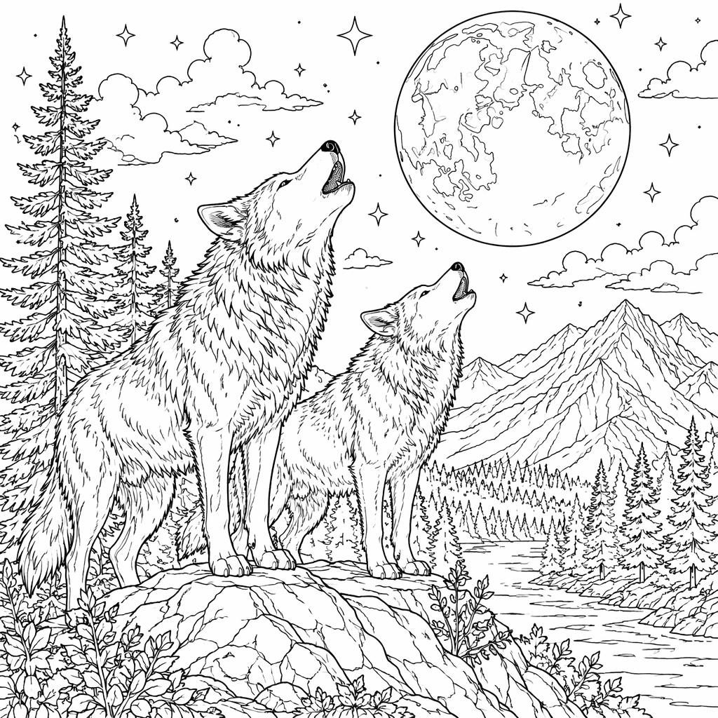 Illustration en noir et blanc de loups hurlant à la lune, style réaliste détaillé, contours nets à colorier.