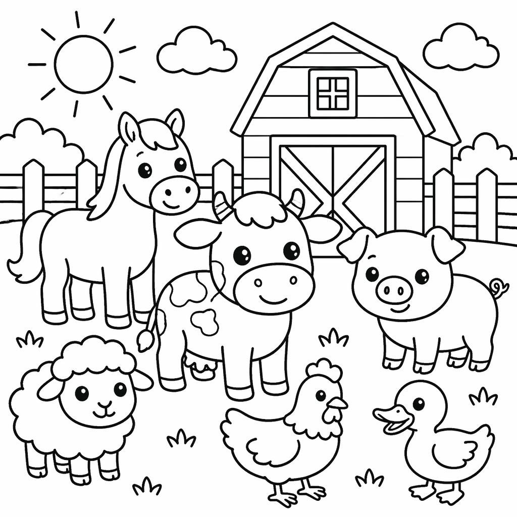 Illustration noir et blanc à colorier avec animaux de ferme mignons en style cartoon pour enfants