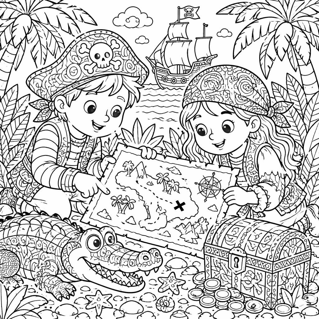 Black-and-white coloring page showing pirate kids with a treasure map, a friendly crocodile, and zentangle details.