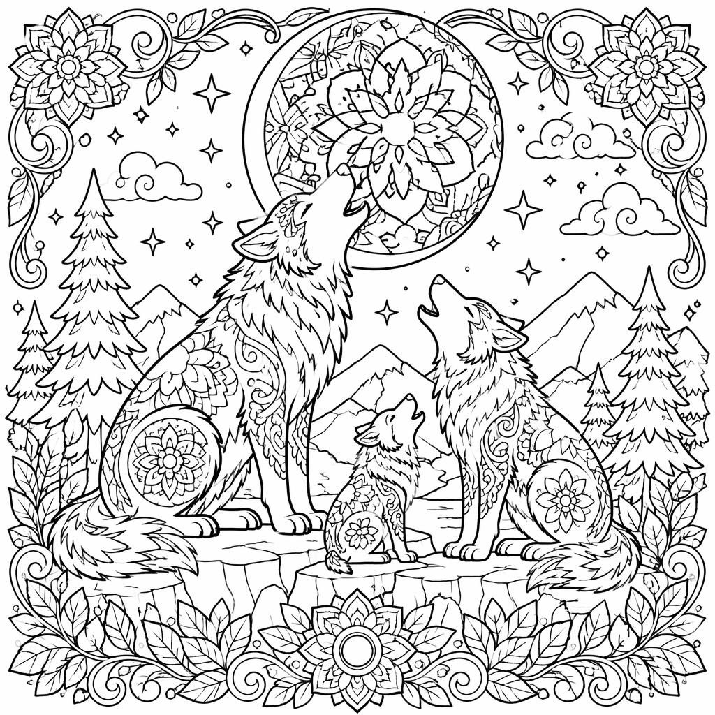 Illustration noir et blanc de plusieurs loups mignons hurlant à la lune, avec motifs détaillés type mandala.