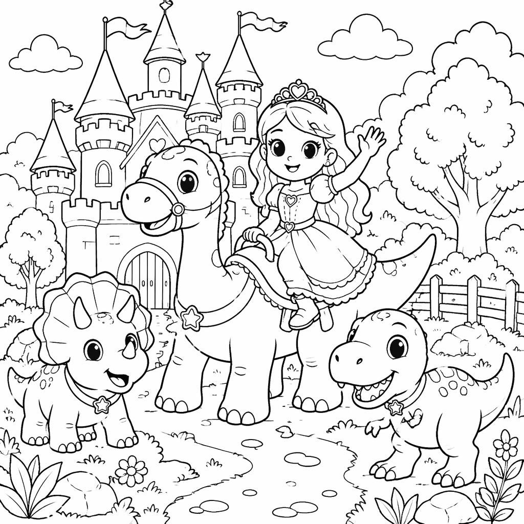 Schwarz-weiße Ausmalbild-Illustration mit märchenhaftem Prinzessinnenschloss und kindgerechten Details.