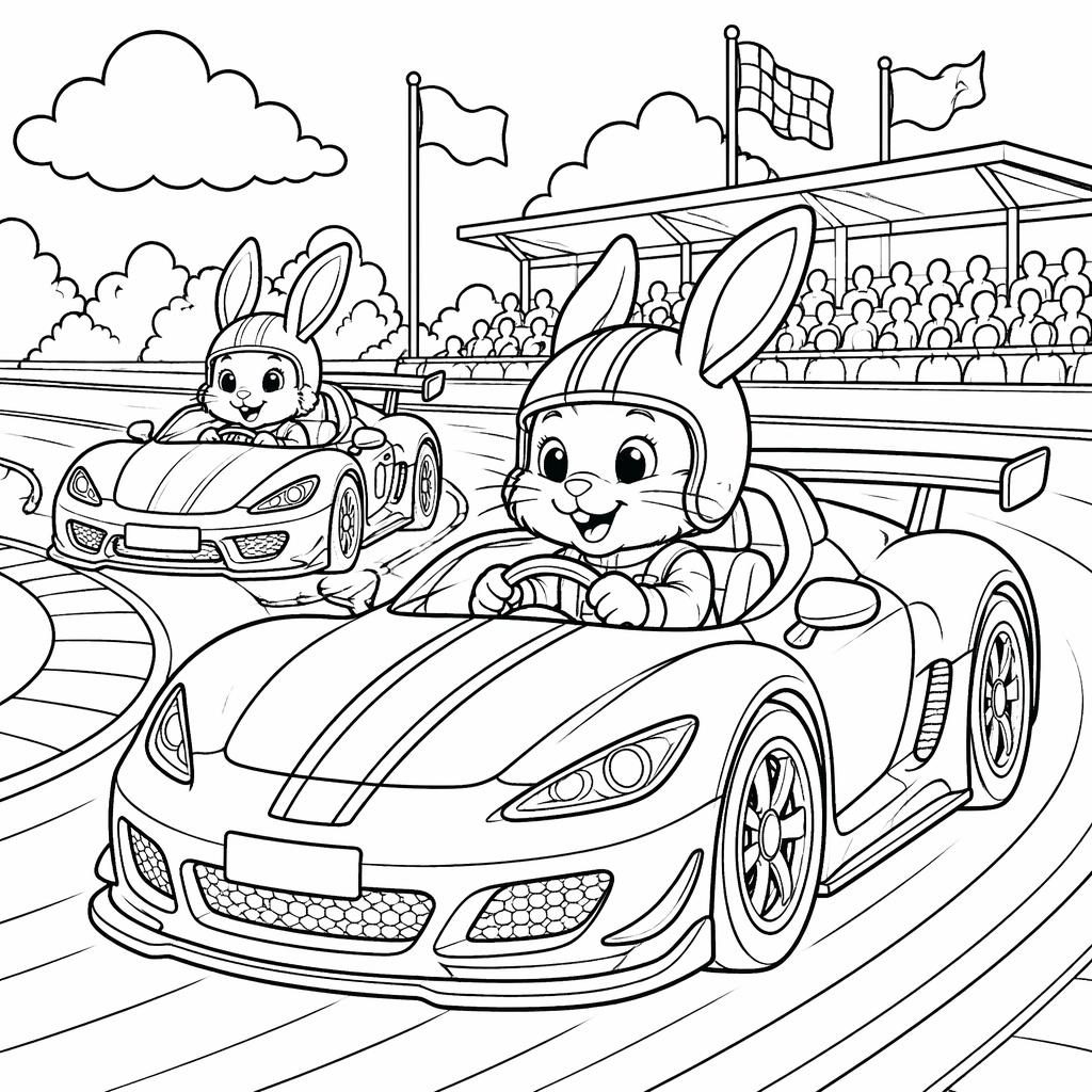 Schwarz-weiße Ausmalseite mit detaillierten Rennwagen für Kinder, klare Konturen, druckbares Line-Art.