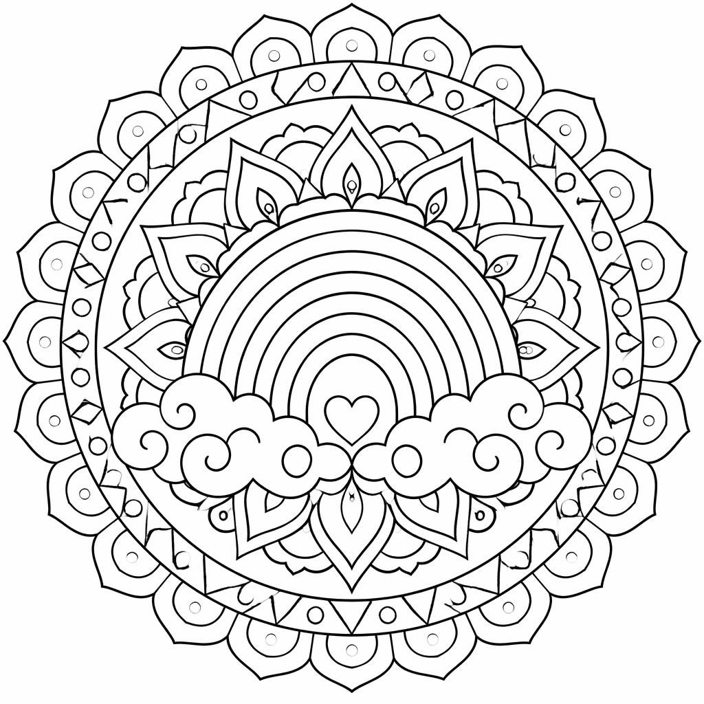 Ilustración para colorear en blanco y negro de un mandala geométrico para adultos, con líneas negras limpias.