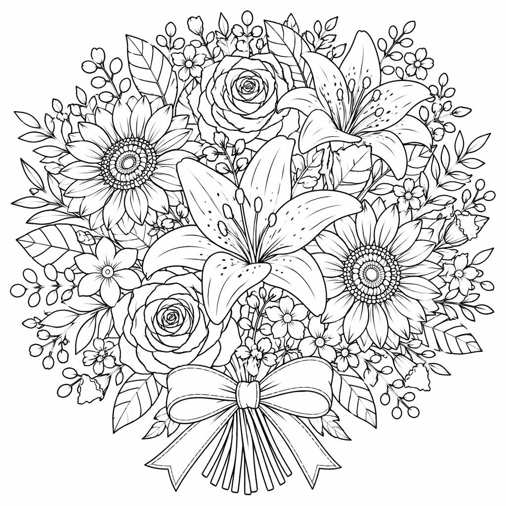 Ilustración en blanco y negro de un ramo de flores detallado, con contornos limpios y formas cerradas para colorear.