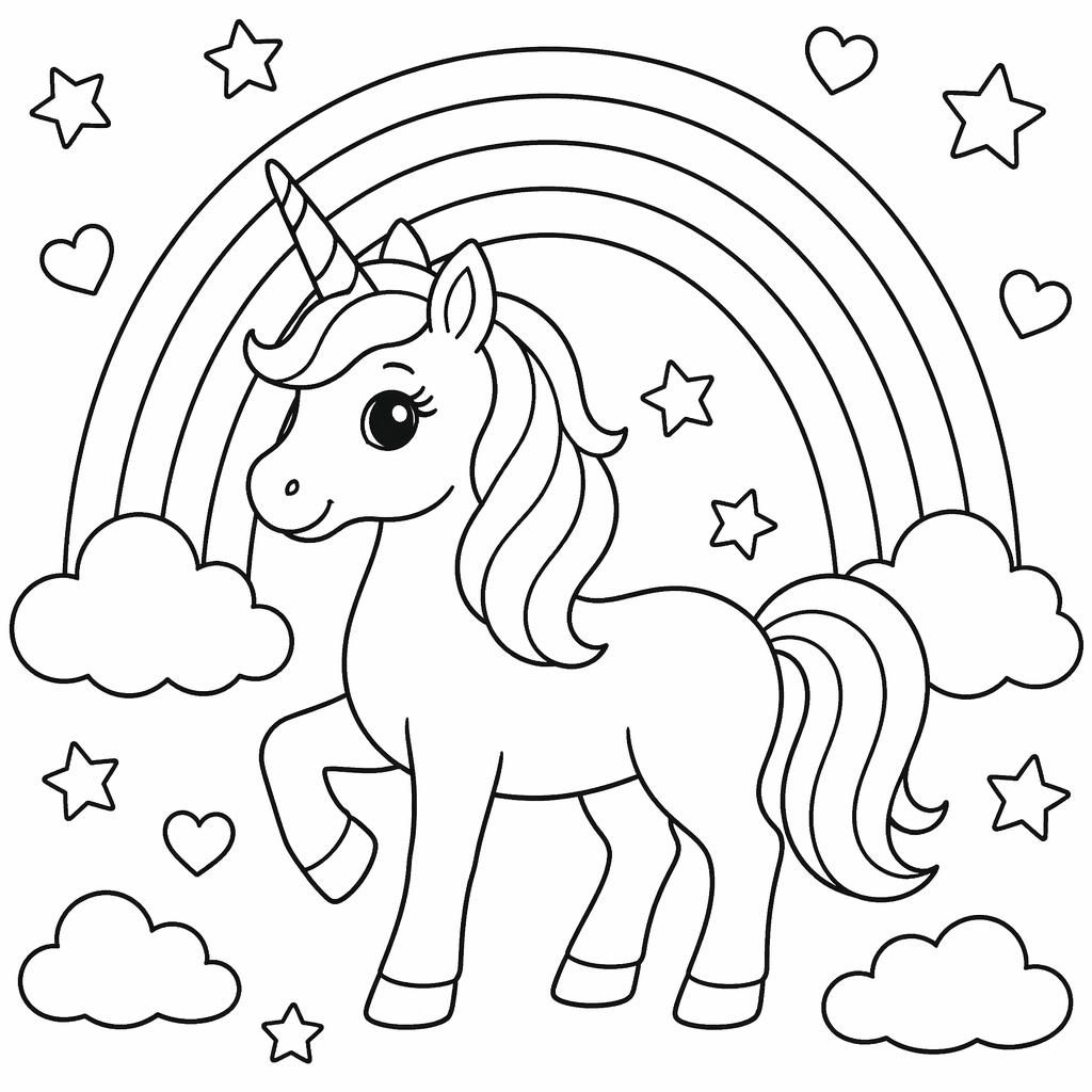 Schwarz-weiße Ausmalseite mit einfachem Einhorn und Regenbogen, klare Konturen, kindgerecht und druckbar.