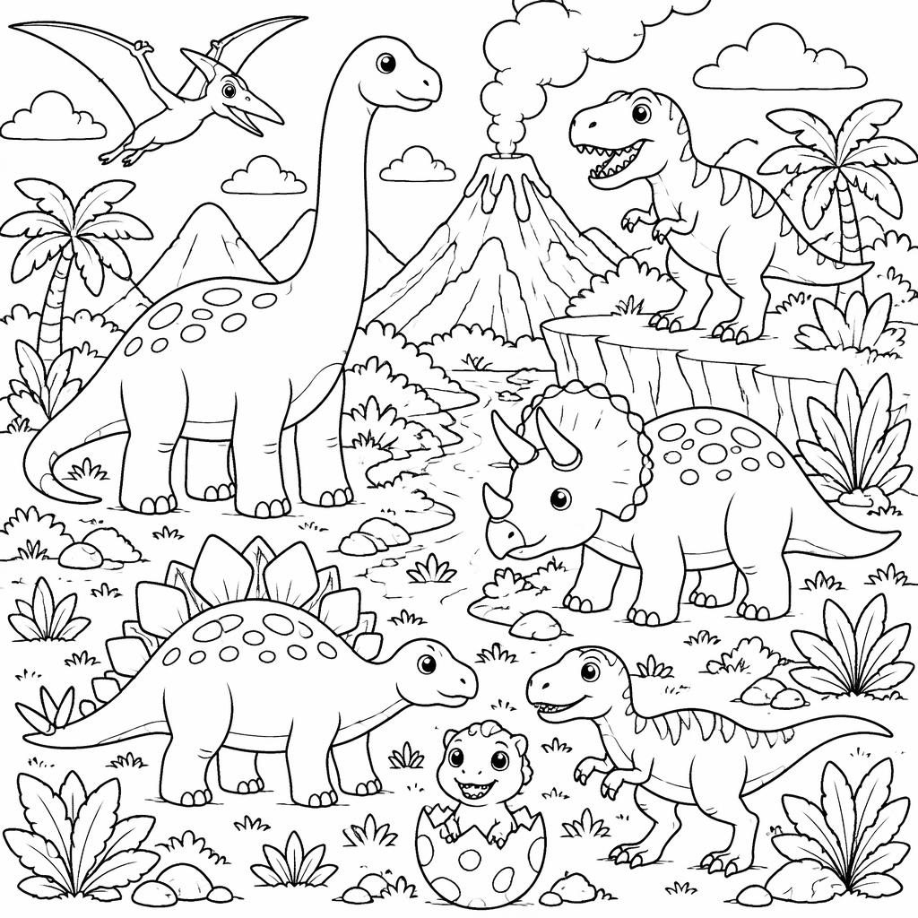 Schwarz-weiße Ausmalbild-Illustration mit kindgerechten Dinosaurier-Szenen in klaren Linien auf weißem Hintergrund.