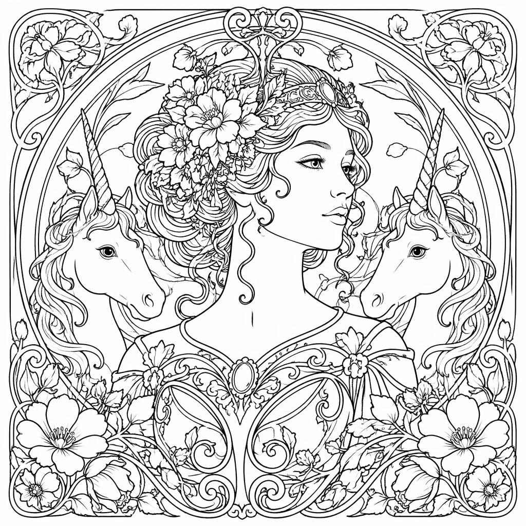 Schwarz-weiße Ausmalbild-Illustration eines detailreichen Art-Nouveau-Frauenporträts mit dekorativen Linien