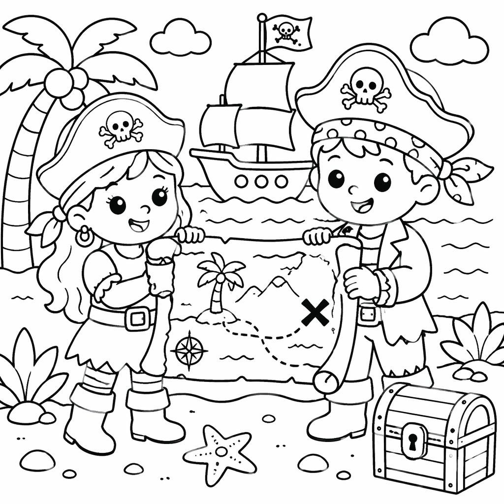 Ilustración para colorear en blanco y negro de niños piratas con mapa del tesoro, estilo doodle simple y tierno.