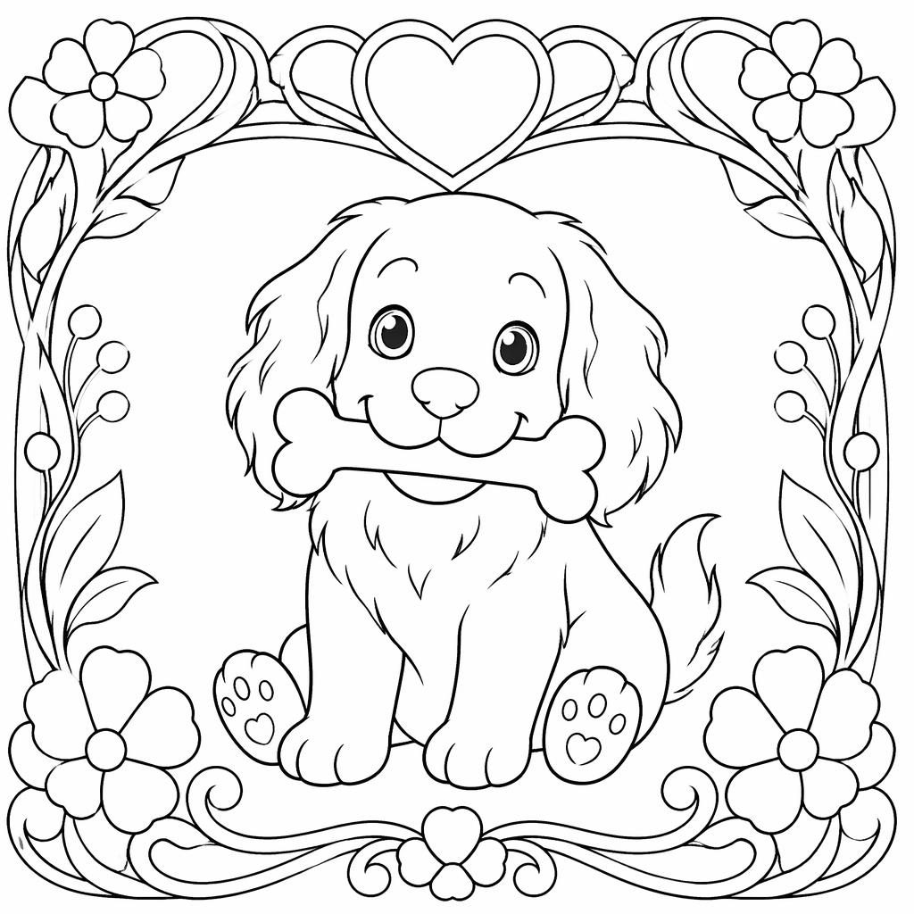 Illustration noir et blanc d’un chien mignon avec un os, style art nouveau, en contours nets à colorier.