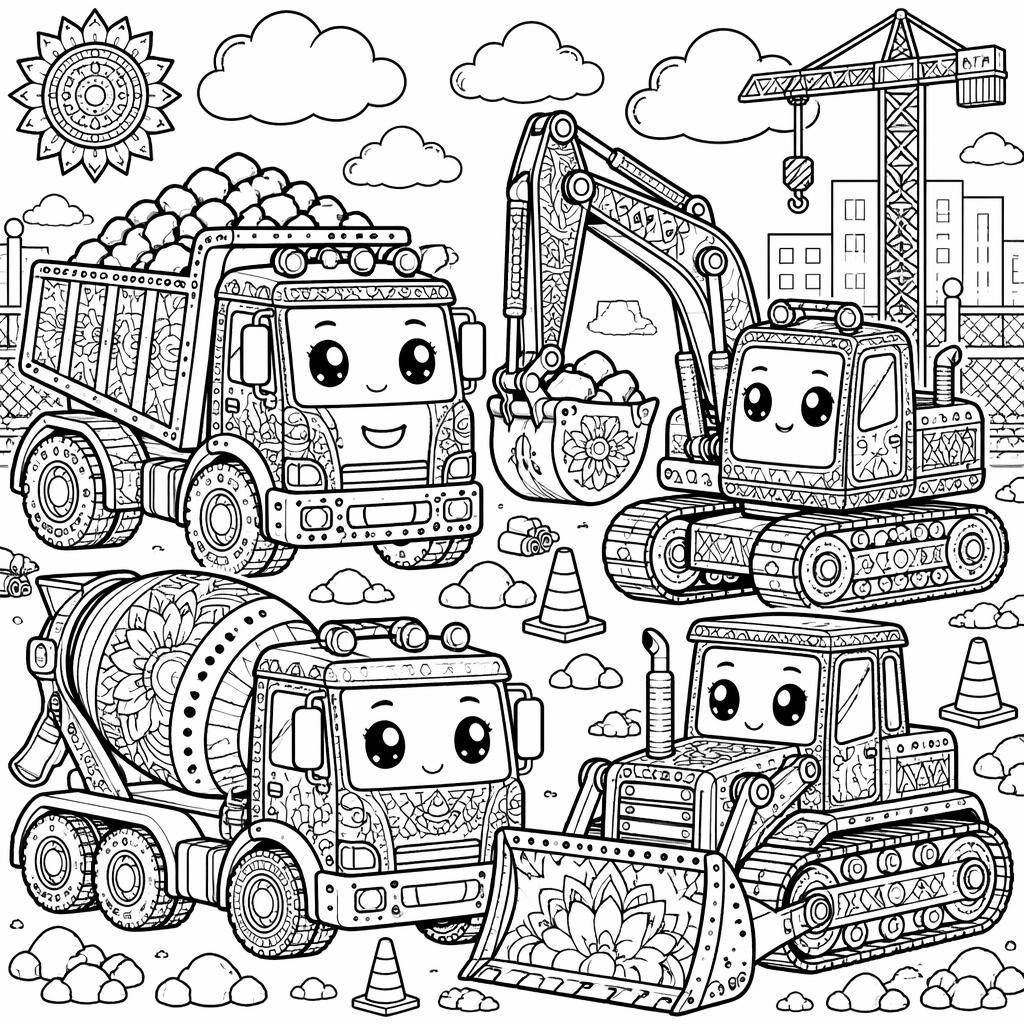 Black-and-white coloring page with kids and construction trucks in intricate manga-style line art on a white background.