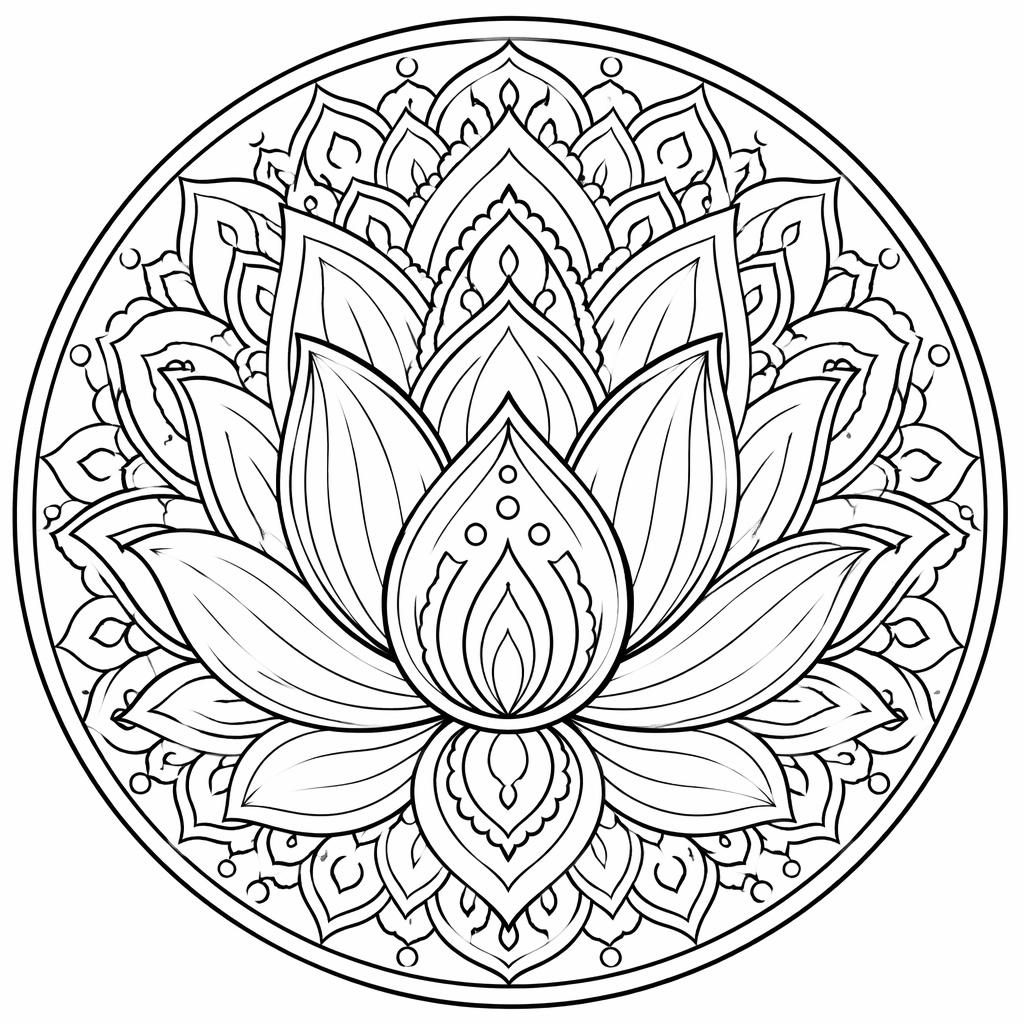 Ilustración en blanco y negro de un loto mandala con líneas gruesas, contornos cerrados y fondo blanco.
