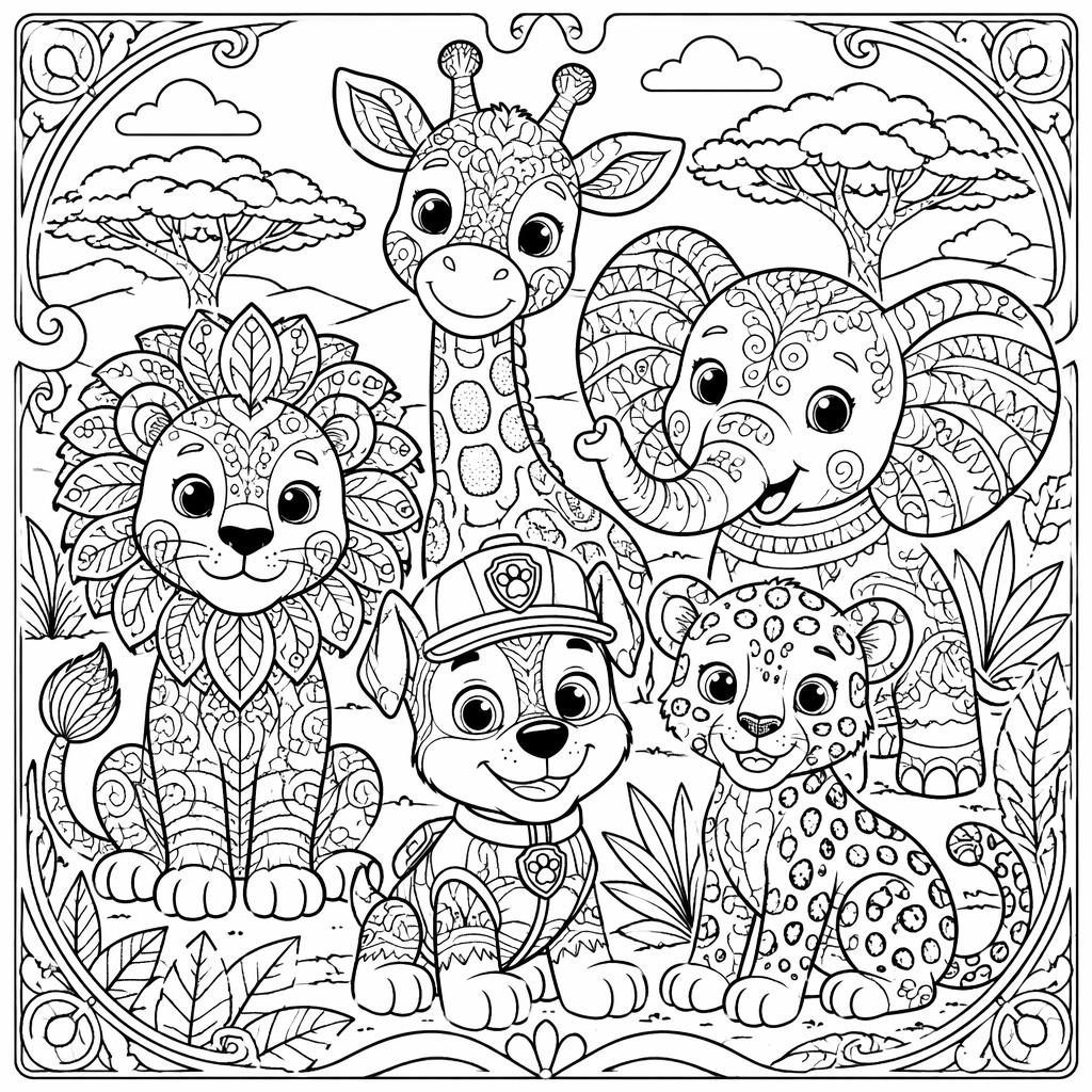 Black-and-white coloring page with safari animals in zentangle patterns, clean outlines, and printable line art.