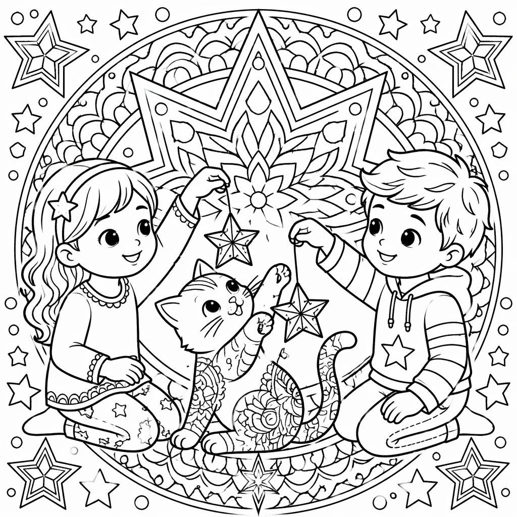 Ilustración para colorear en blanco y negro de un gato juguetón con niños y estrellas, estilo mandala geométrico.