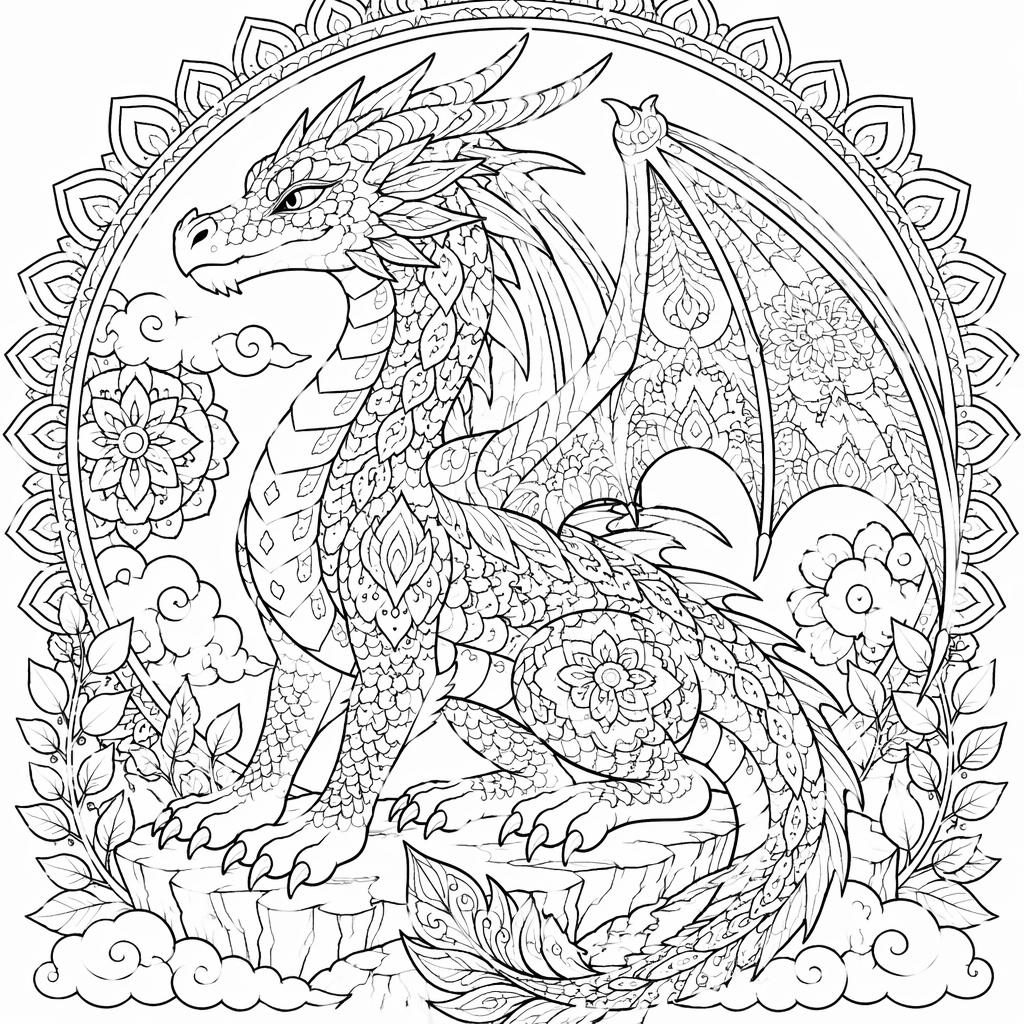 Ilustración para colorear en blanco y negro de un dragón adulto fantástico, estilo manga, con detalles intrincados.