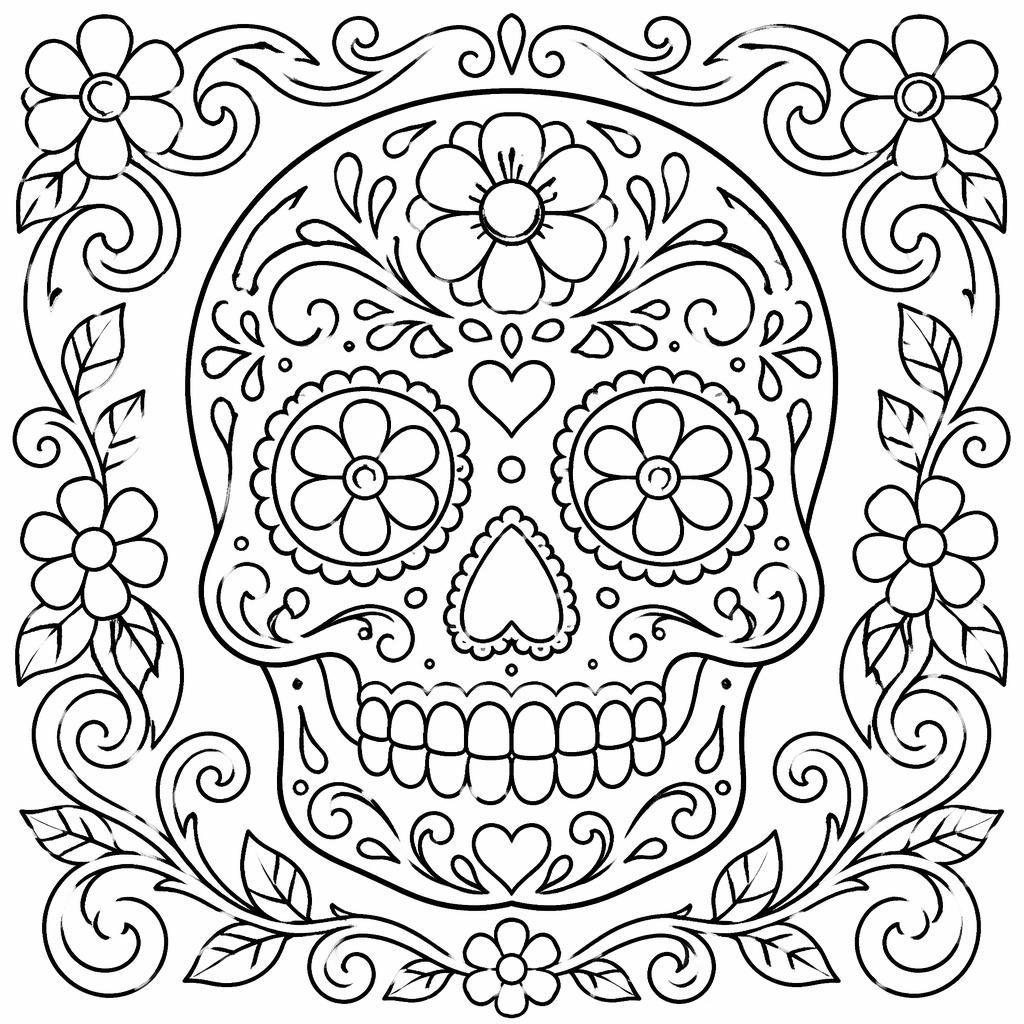 Illustration noir et blanc d’une tête de mort sucre Dia de los Muertos, en style art nouveau, en contours nets à colorier.
