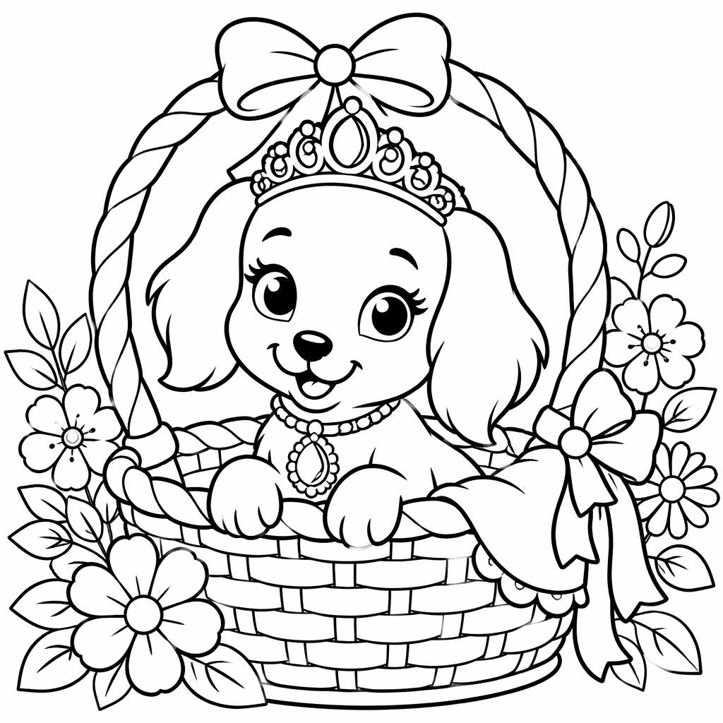 Illustration à colorier en noir et blanc d’un chiot dans un panier, style botanique, traits épais pour enfants