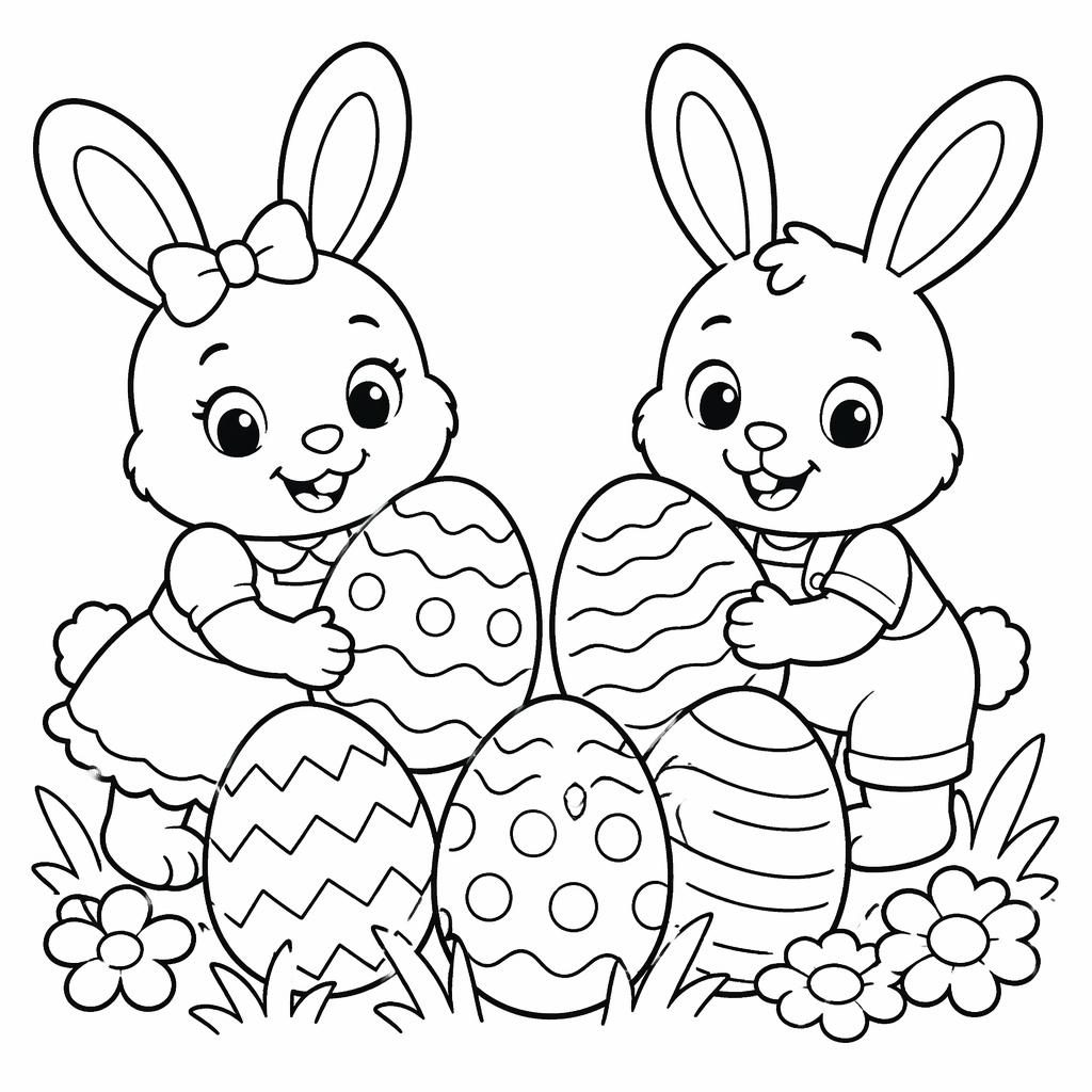 Ilustración para colorear en blanco y negro con conejitos niños y huevos de Pascua, estilo caricatura simple.