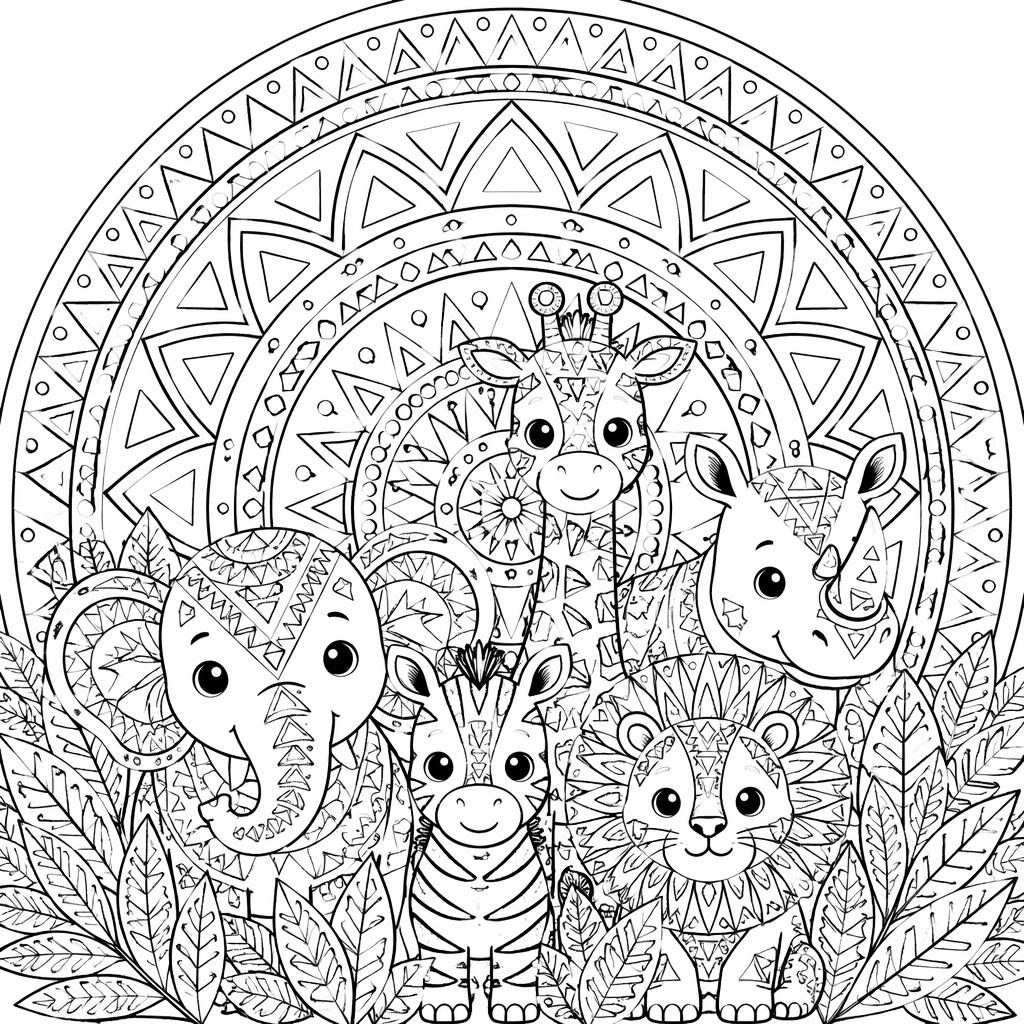 Ilustración para colorear en blanco y negro con animales de safari estilo zentangle y patrones de mandalas con triangulos.
