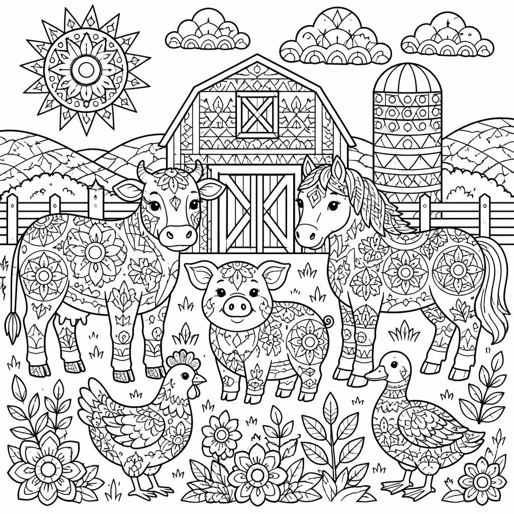 Black-and-white farm animals scene for kids in a mandala geometric coloring page style with clean bold outlines.